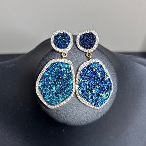 Elegant Blue Druzy Rhinestone Gold Tone Fashion Statement Earrings